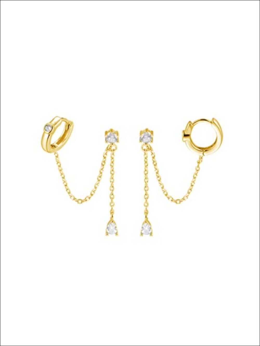 Sterling Silver Double Piercing Earrings Huggie Cuff Droplet Chain Women
